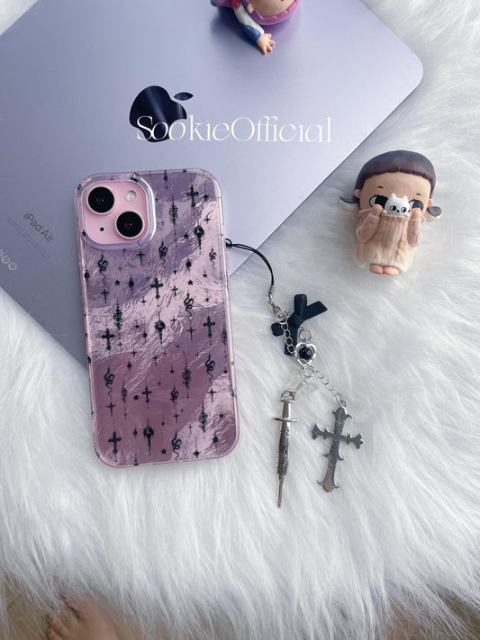 Glossy Gothic Purple iPhone Case with Chain, Y2K Sparkling Protective Cover