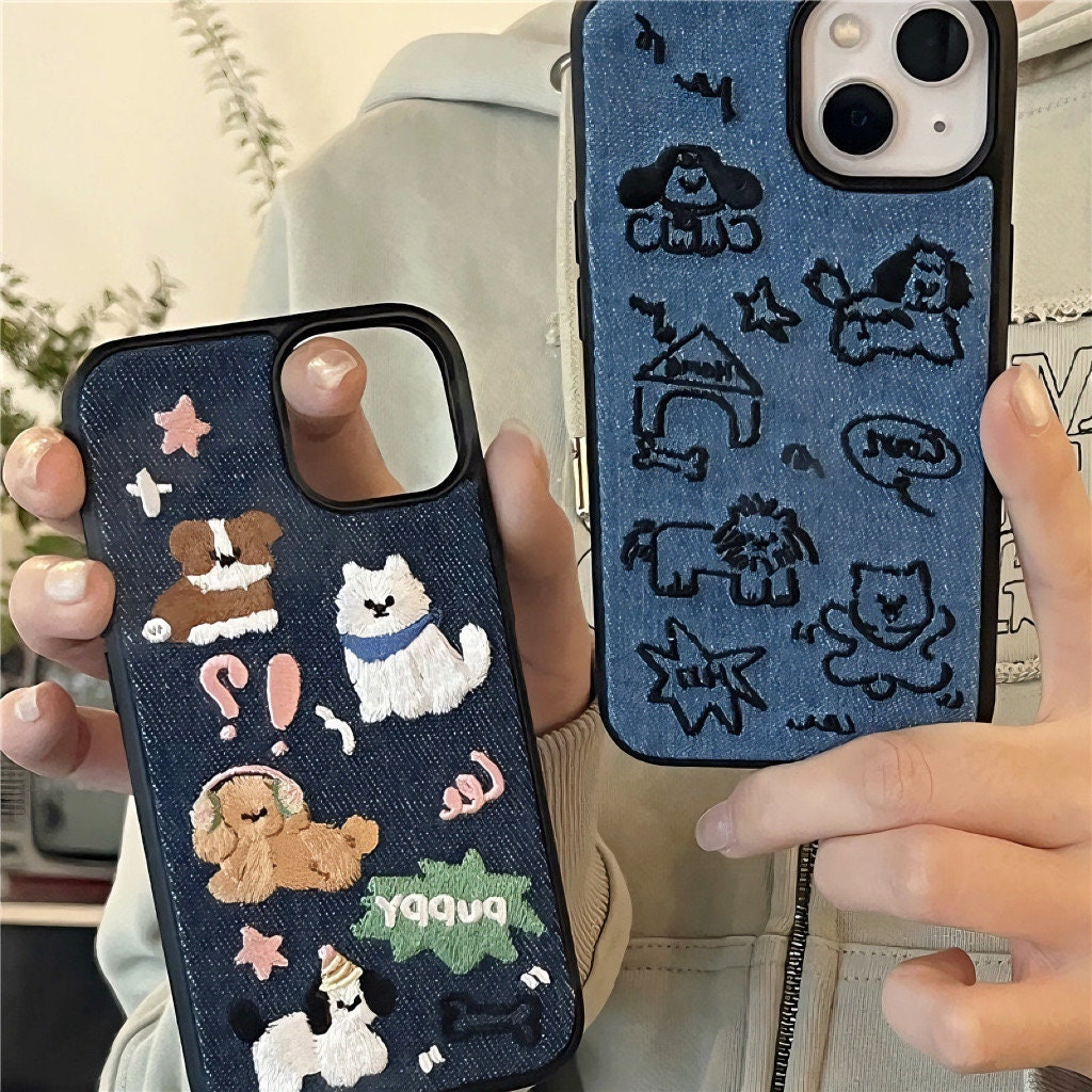 Embroidered Puppy iPhone Case: Denim Style Dog Lover Gift