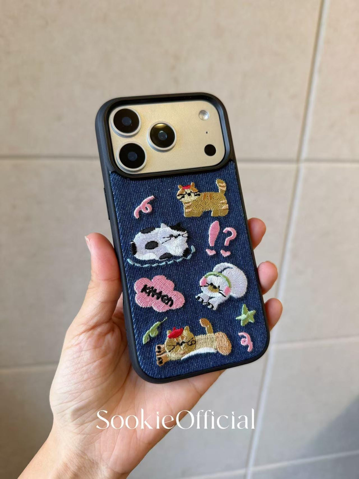 Denim Embroidered Cat iPhone Case 3D Embroidered Kitty Design for pet lover gift