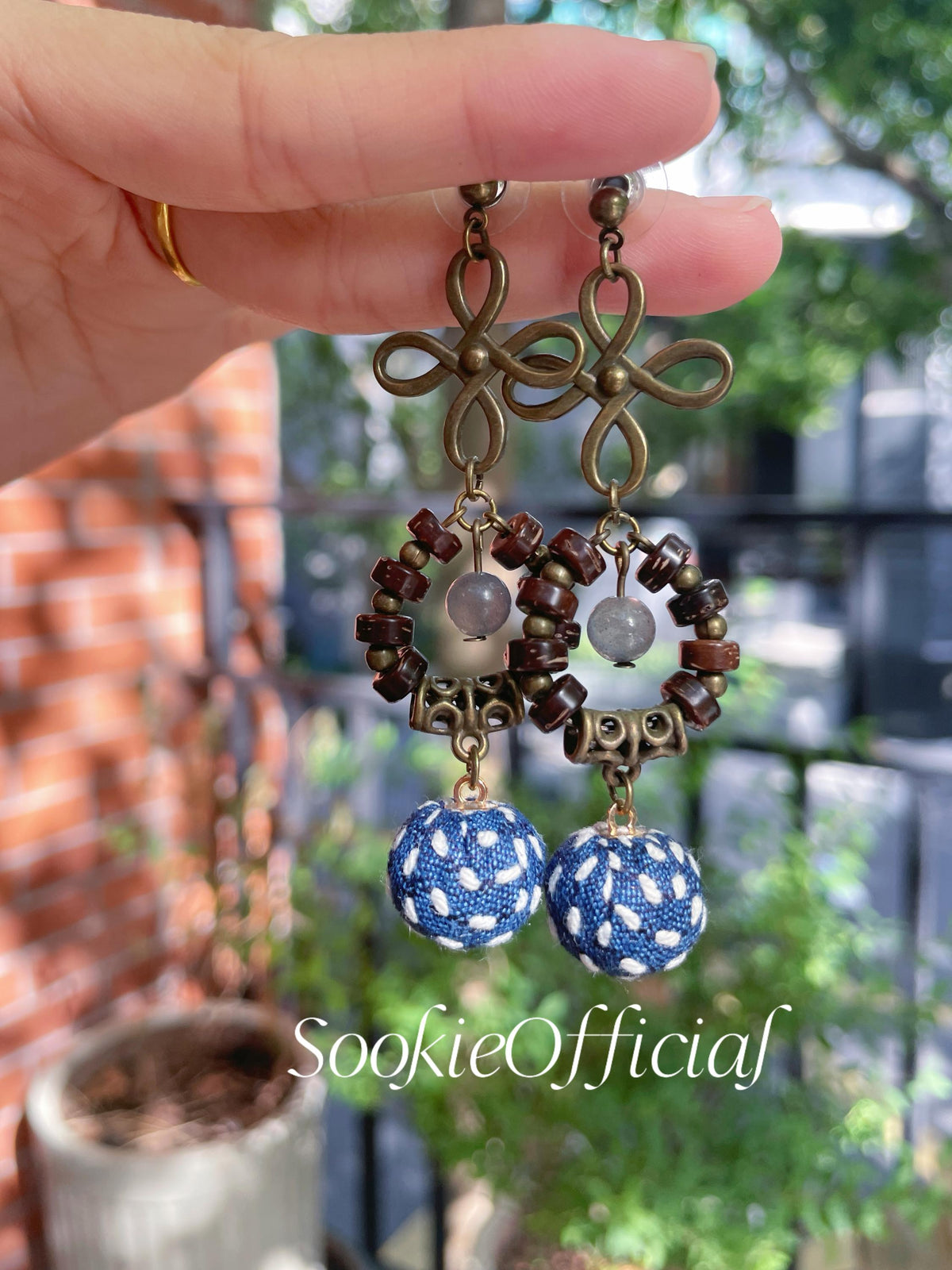 Vintage Indigo Dyed Fabric Earrings: Moonstone Dangle, Boho Style