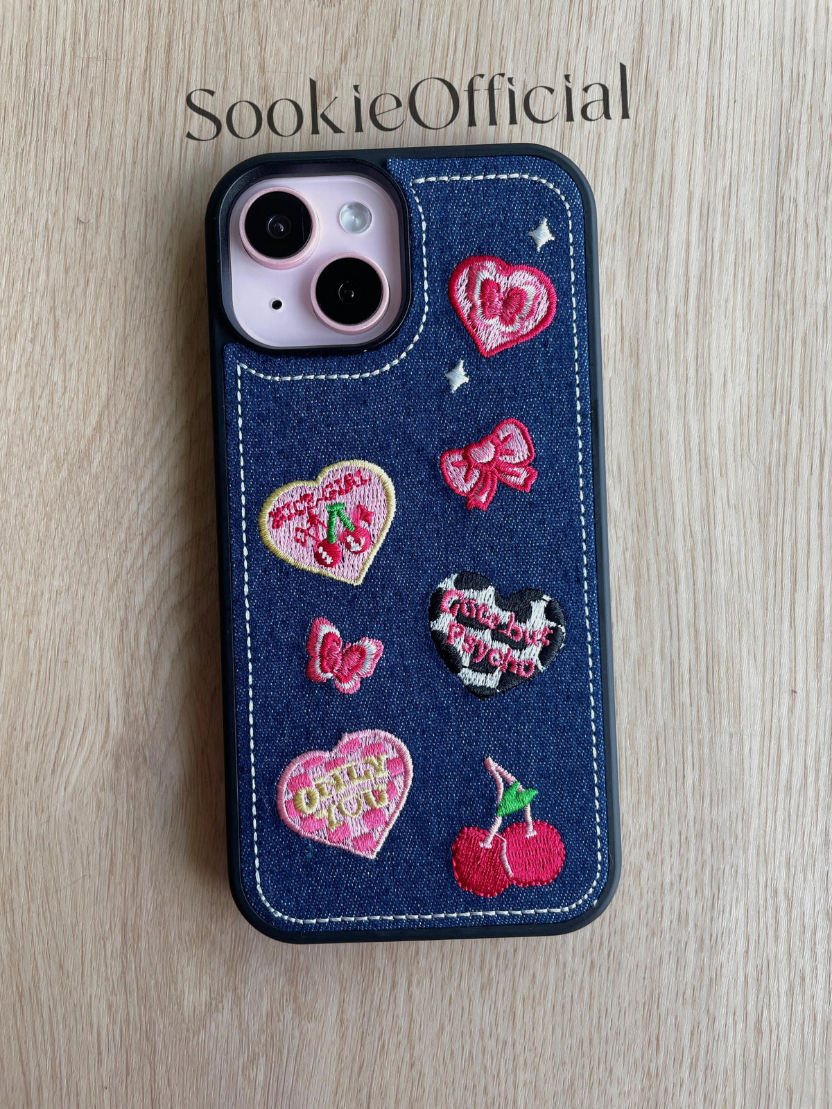 Y2K Denim Embroidered Heart Bow Cherry iPhone Case, 3D Embroidery Design,iphone 17 pro