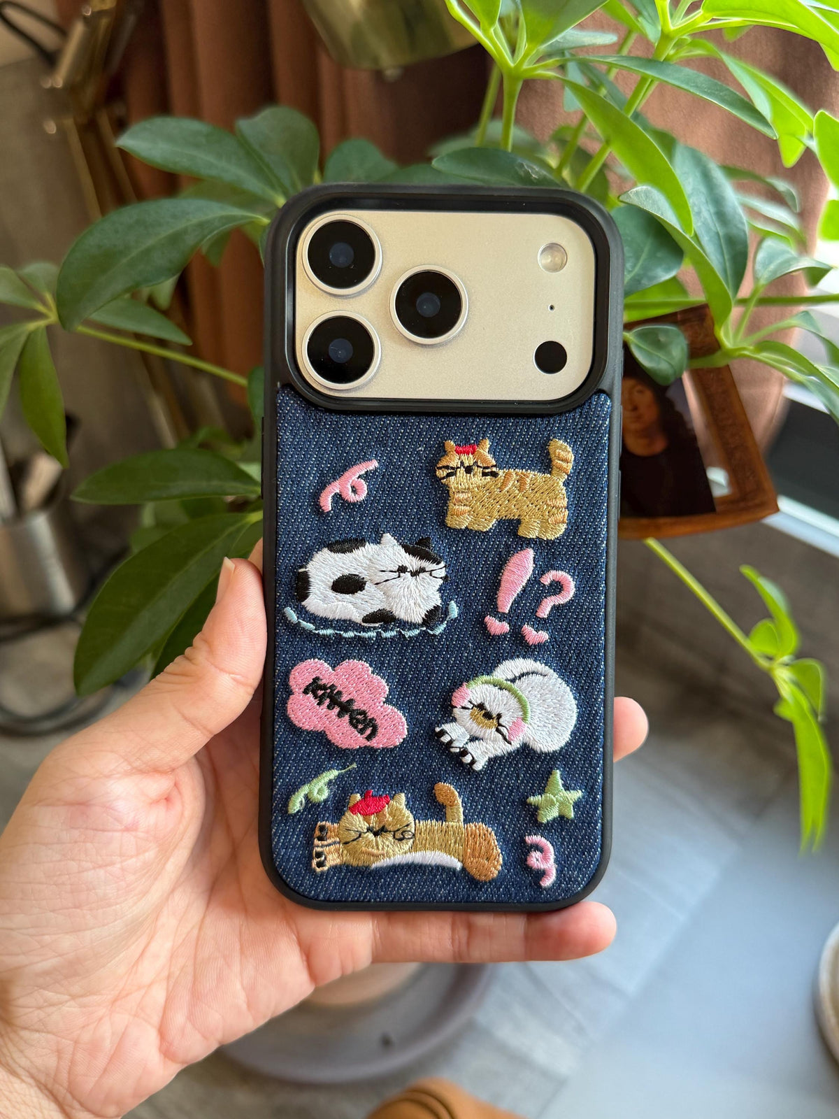 Denim Embroidered Cat iPhone Case 3D Embroidered Kitty Design for pet lover gift