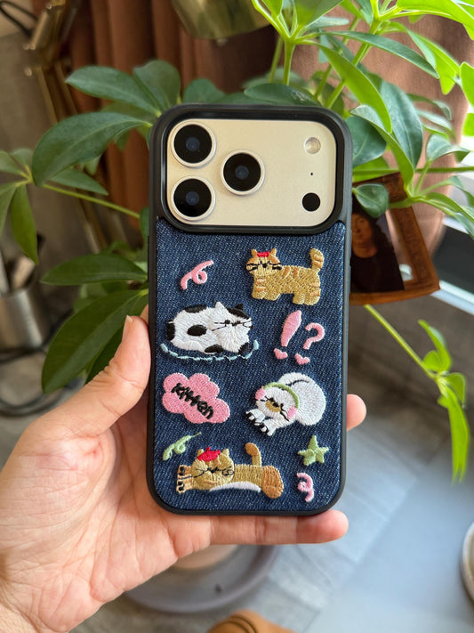 Denim Embroidered Cat iPhone Case 3D Embroidered Kitty Design for pet lover gift