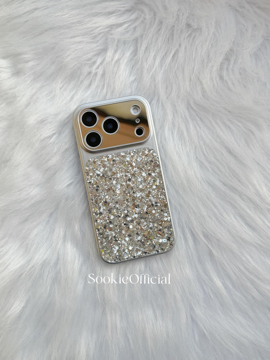 Ultra Sparkly Silver Glitter iPhone Case for 17 16 15 14 13 pro max,Shiny Protective Cover with Mirror Lens