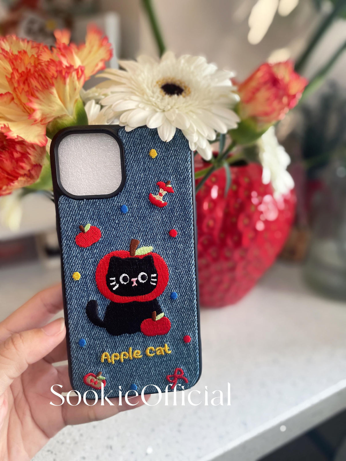Embroidered Apple Cat Denim iPhone Case, Girly Phone Cover