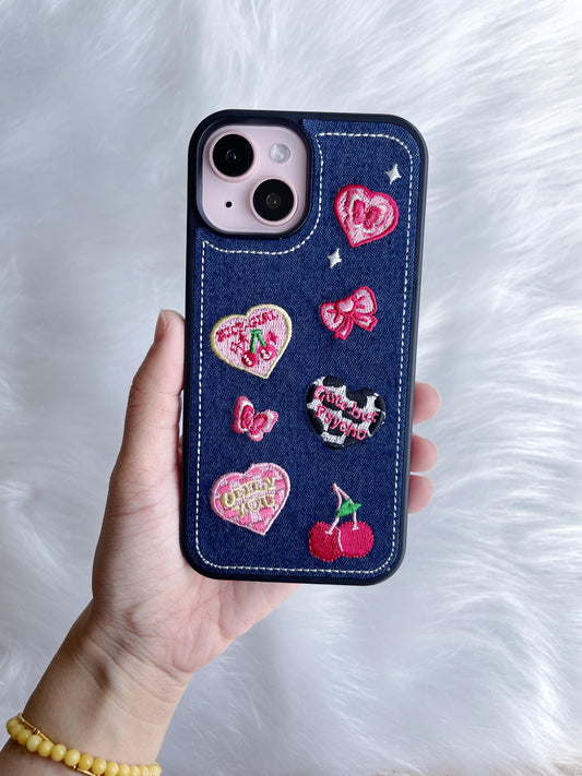 Y2K Denim Embroidered Heart Bow Cherry iPhone Case, 3D Embroidery Design,iphone 17 pro