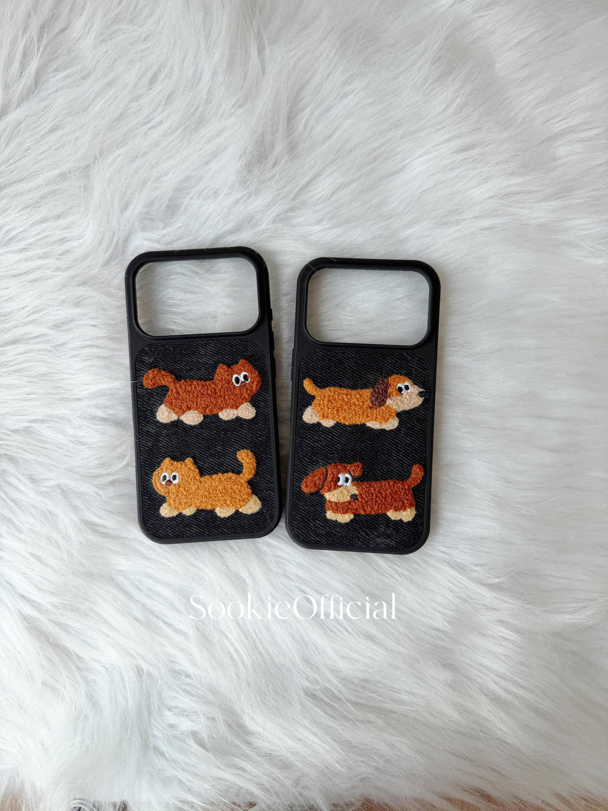 Denim Plush Cat Dog Couple iPhone Case Embroidered Animal Cover Cozy Textured Accessory