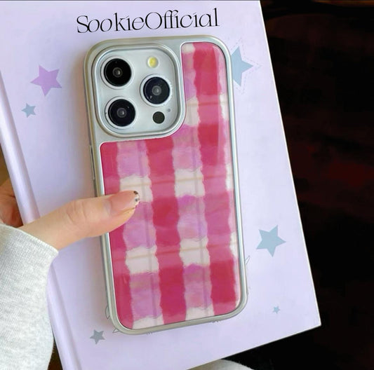 Pink Plaid iPhone Case �?Watercolor Preppy Design, Silver Edge Protective Cover