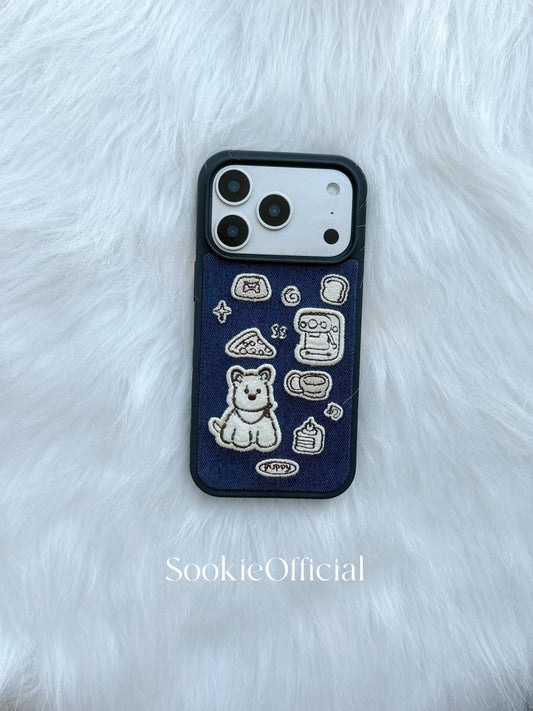 Embroidered Puppy iPhone Case: Denim Style Dog Lover Gift