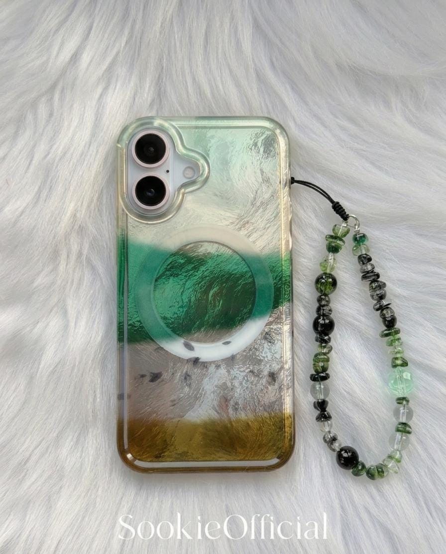 Forest Green Pearlescent Color Block iPhone Case with Chain, Glossy Meadow-Inspired MagSafe Case