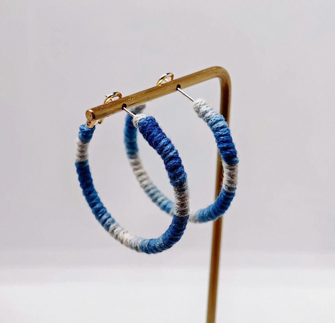 Indigo Dyed Cotton Hoop Earrings: 14K Gold Bohemian Jewelry