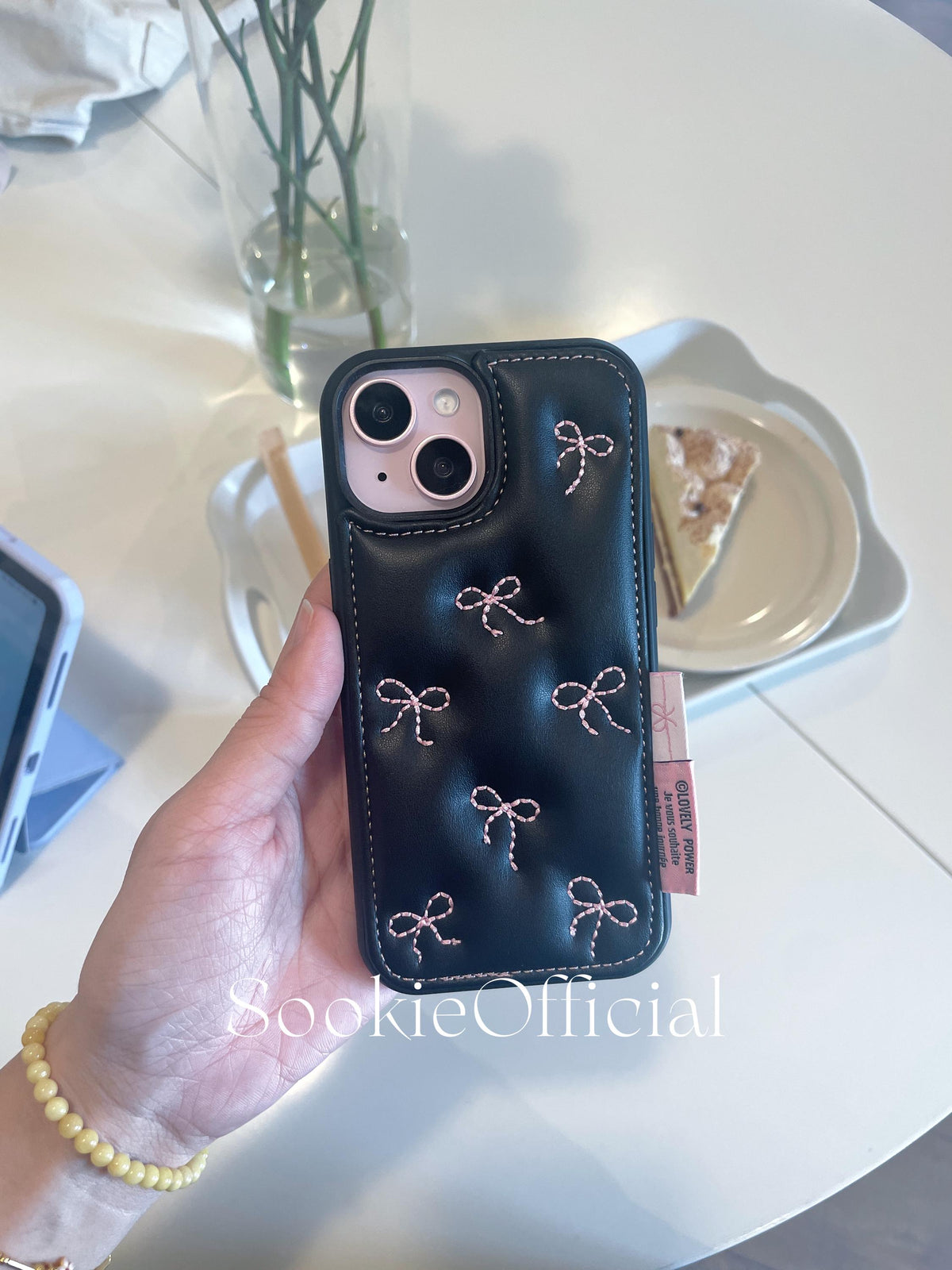 Pink Bow Embroidered Leather iPhone Case, Coquette Girly Phone Cover