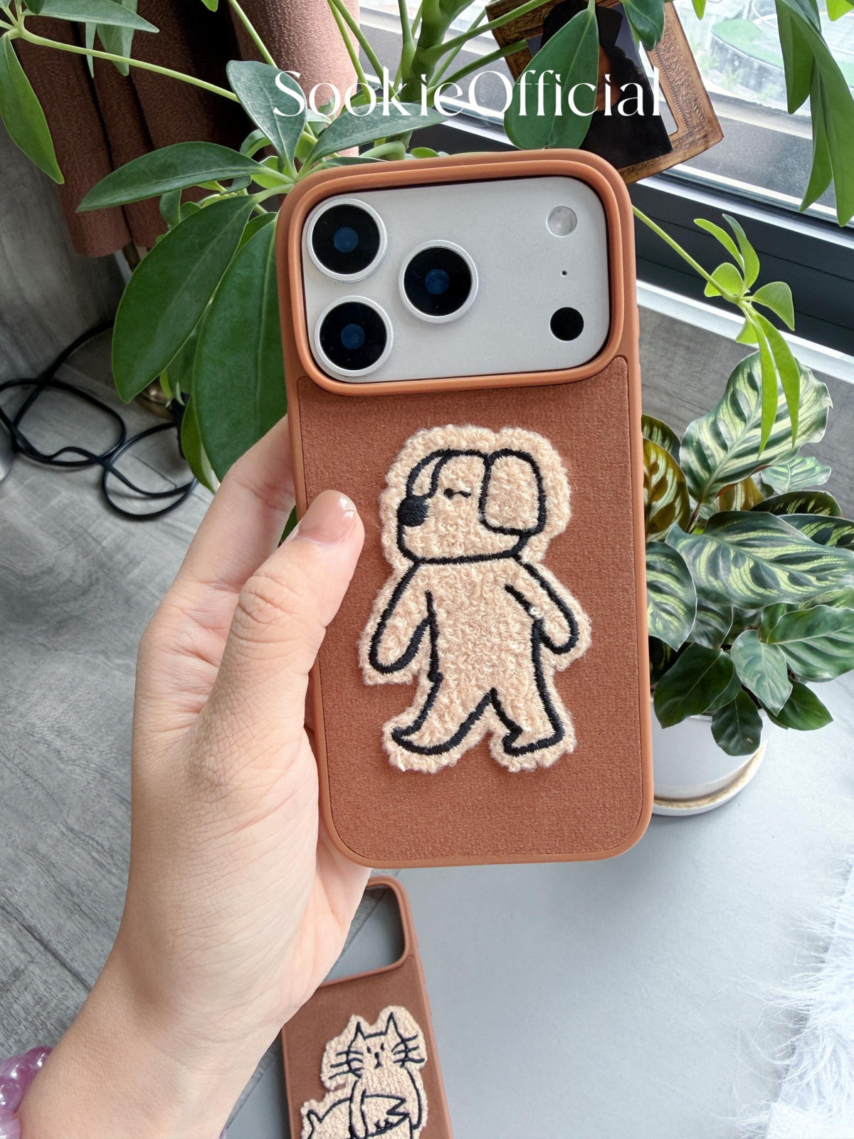 Brown Suede Plush Cat & Dog Phone Case for iPhone 17 16 15 14 13 pro max, Couple Fluffy Animal Cover