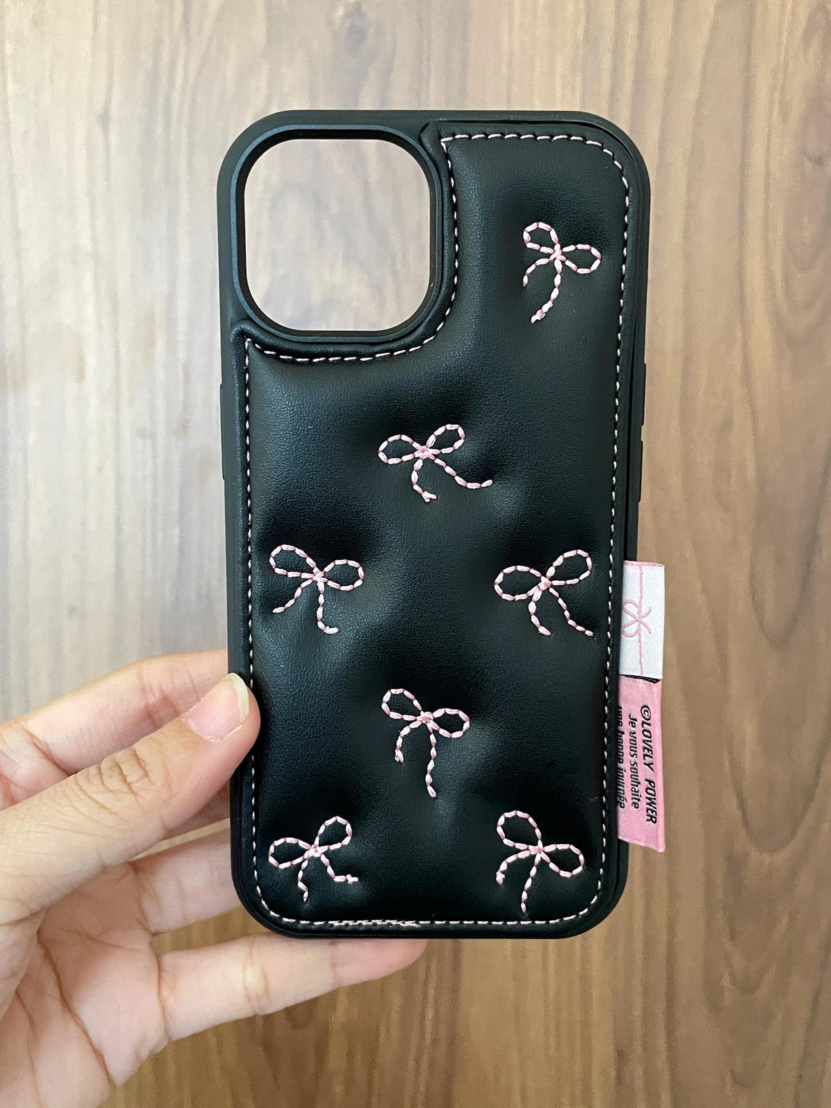 Pink Bow Embroidered Leather iPhone Case, Coquette Girly Phone Cover