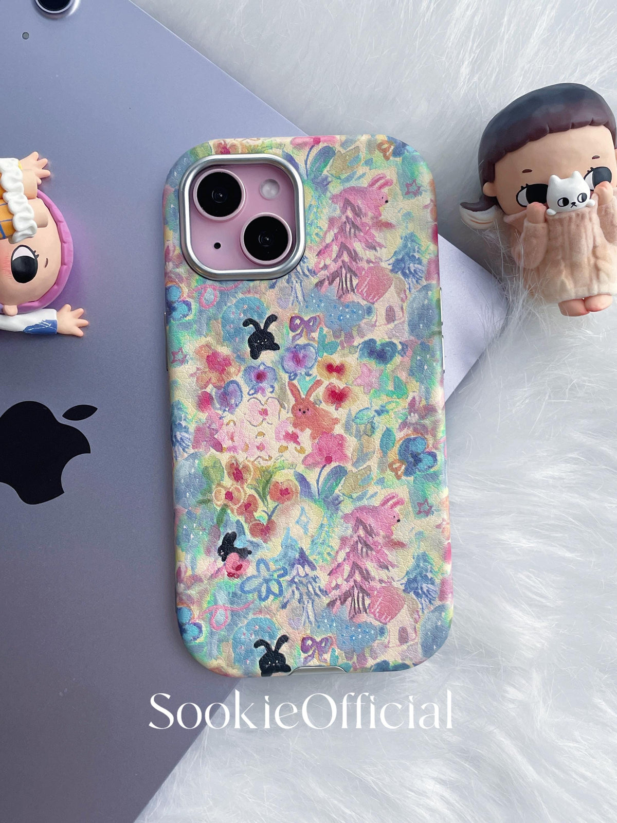 Watercolor Bunny iPhone Case for 13-17, Pink Leather-Feel Full Protection cover