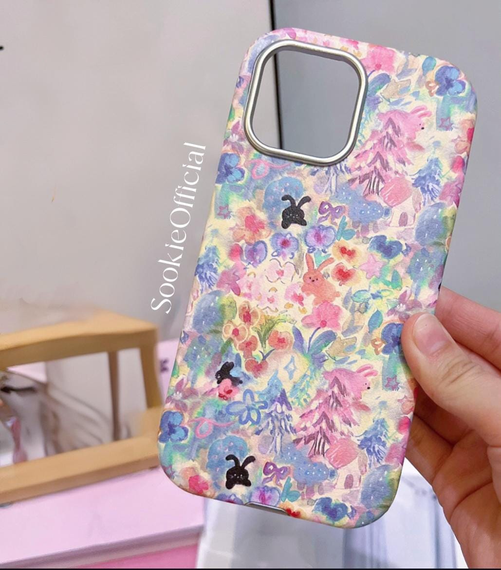 Watercolor Bunny iPhone Case for 13-17, Pink Leather-Feel Full Protection cover