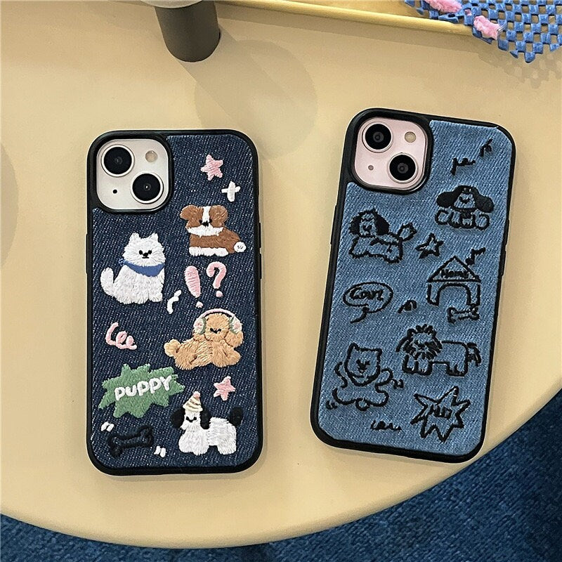 Embroidered Puppy iPhone Case: Denim Style Dog Lover Gift