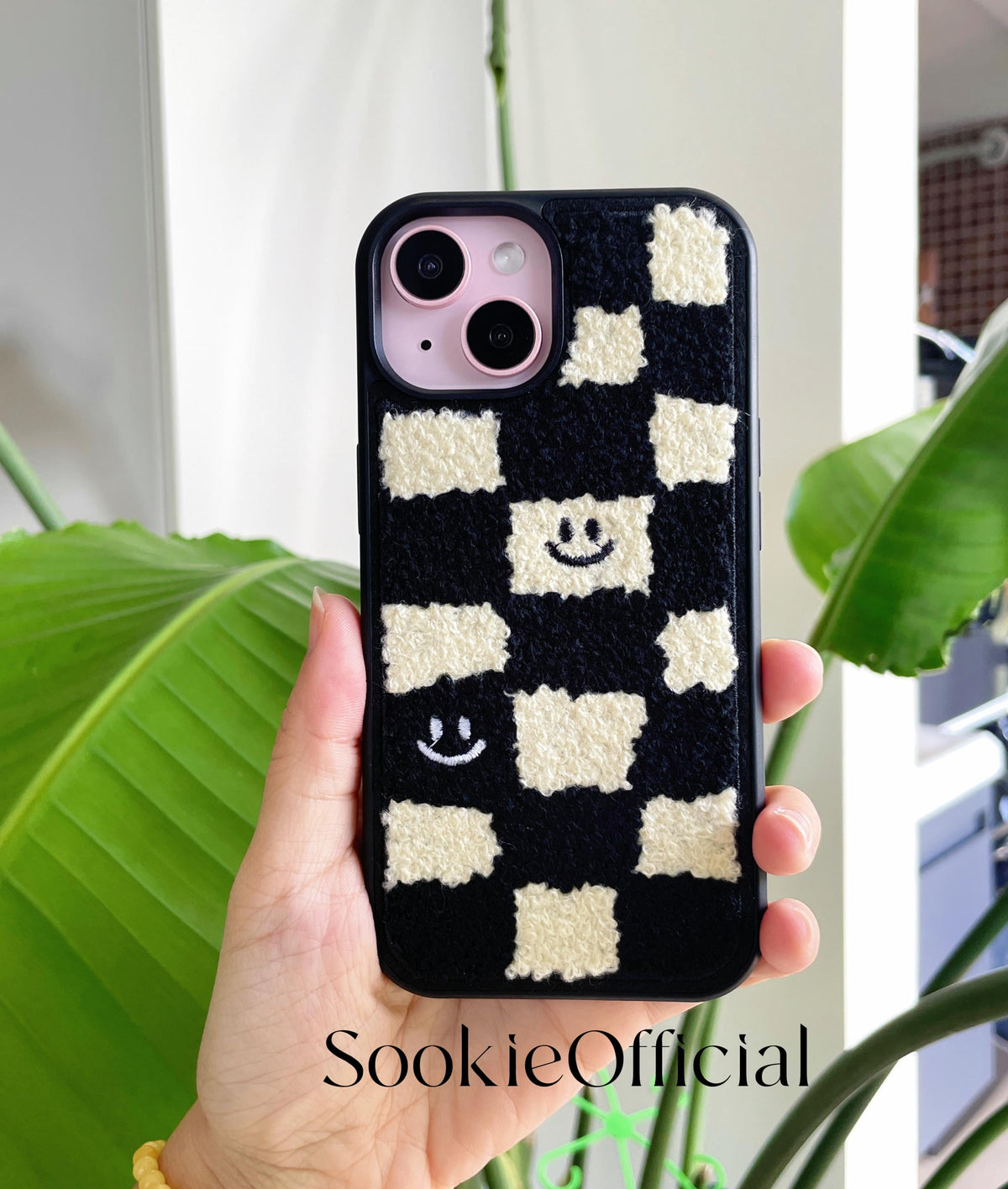 Embroidered Black and white Cat iPhone Case Fuzzy Tufted Phone Cover