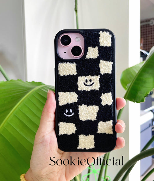 Embroidered Black and white Cat iPhone Case Fuzzy Tufted Phone Cover