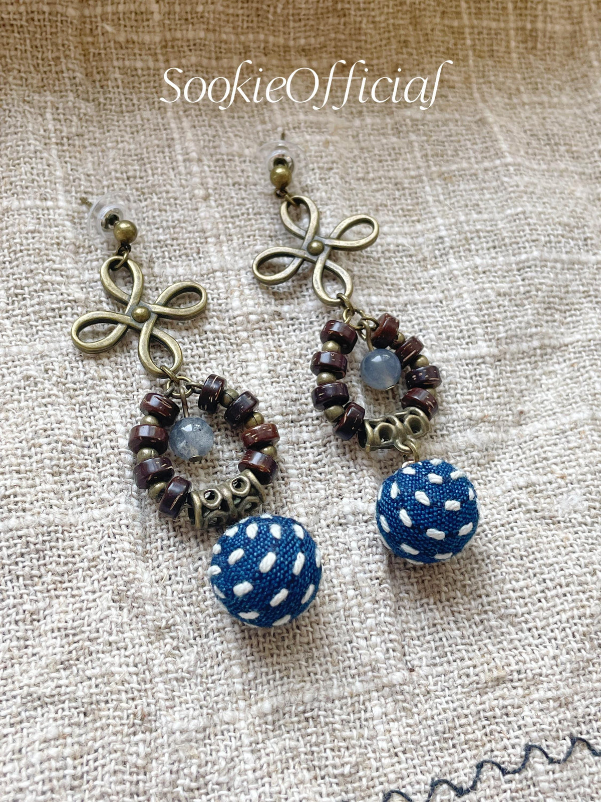Vintage Indigo Dyed Fabric Earrings: Moonstone Dangle, Boho Style
