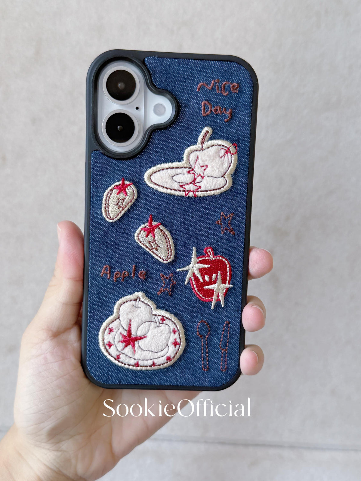 Embroidered Apple Cartoon iPhone Case for 13-17, Girly Denim Phone Cover
