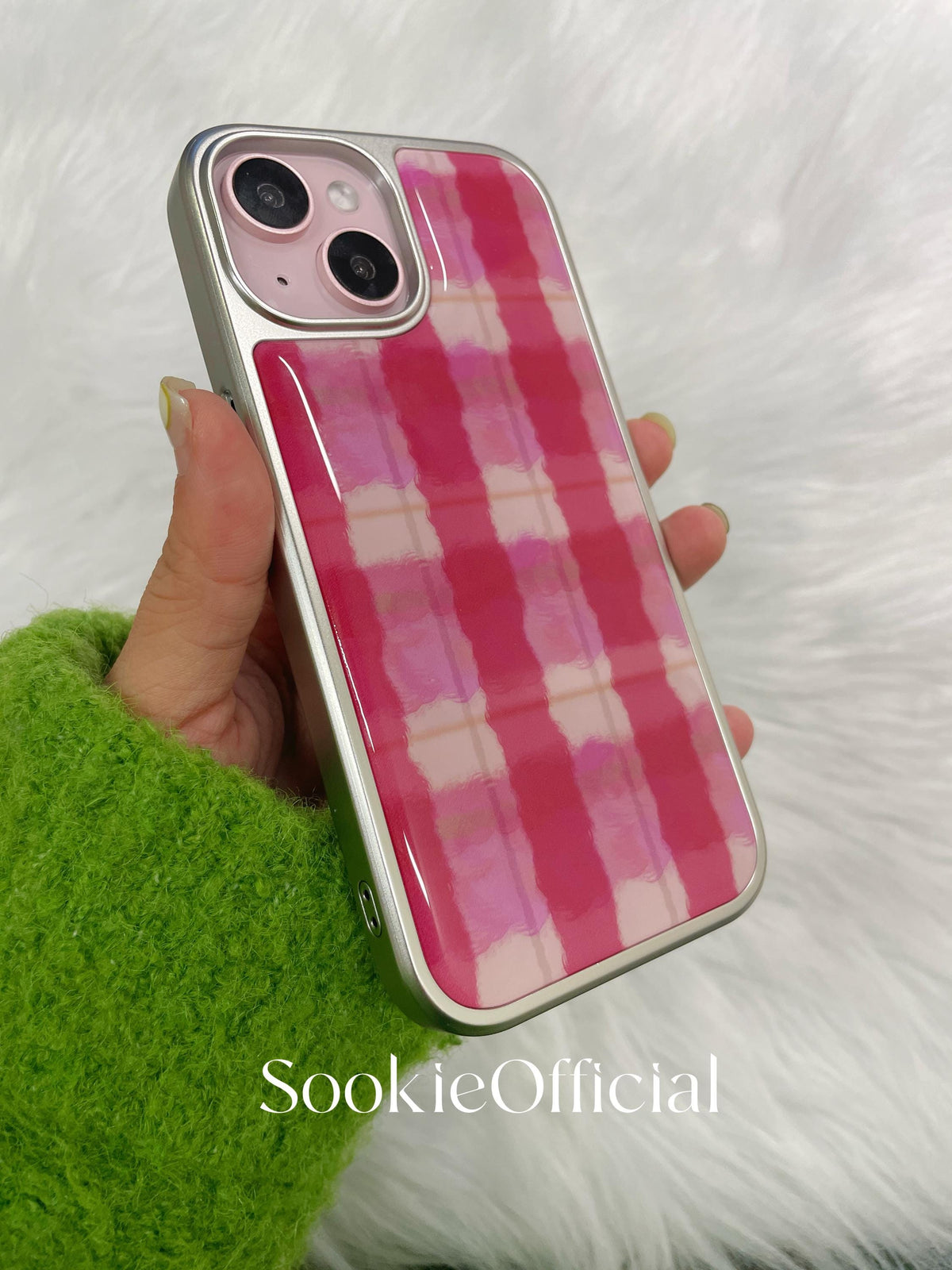 Pink Plaid iPhone Case �?Watercolor Preppy Design, Silver Edge Protective Cover