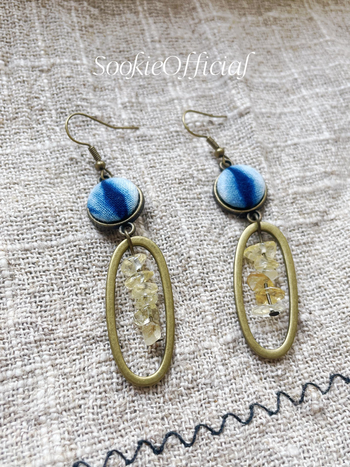 Botanical Hand-Dyed Fabric Earrings: Citrine Gemstone, 14K Gold Hook
