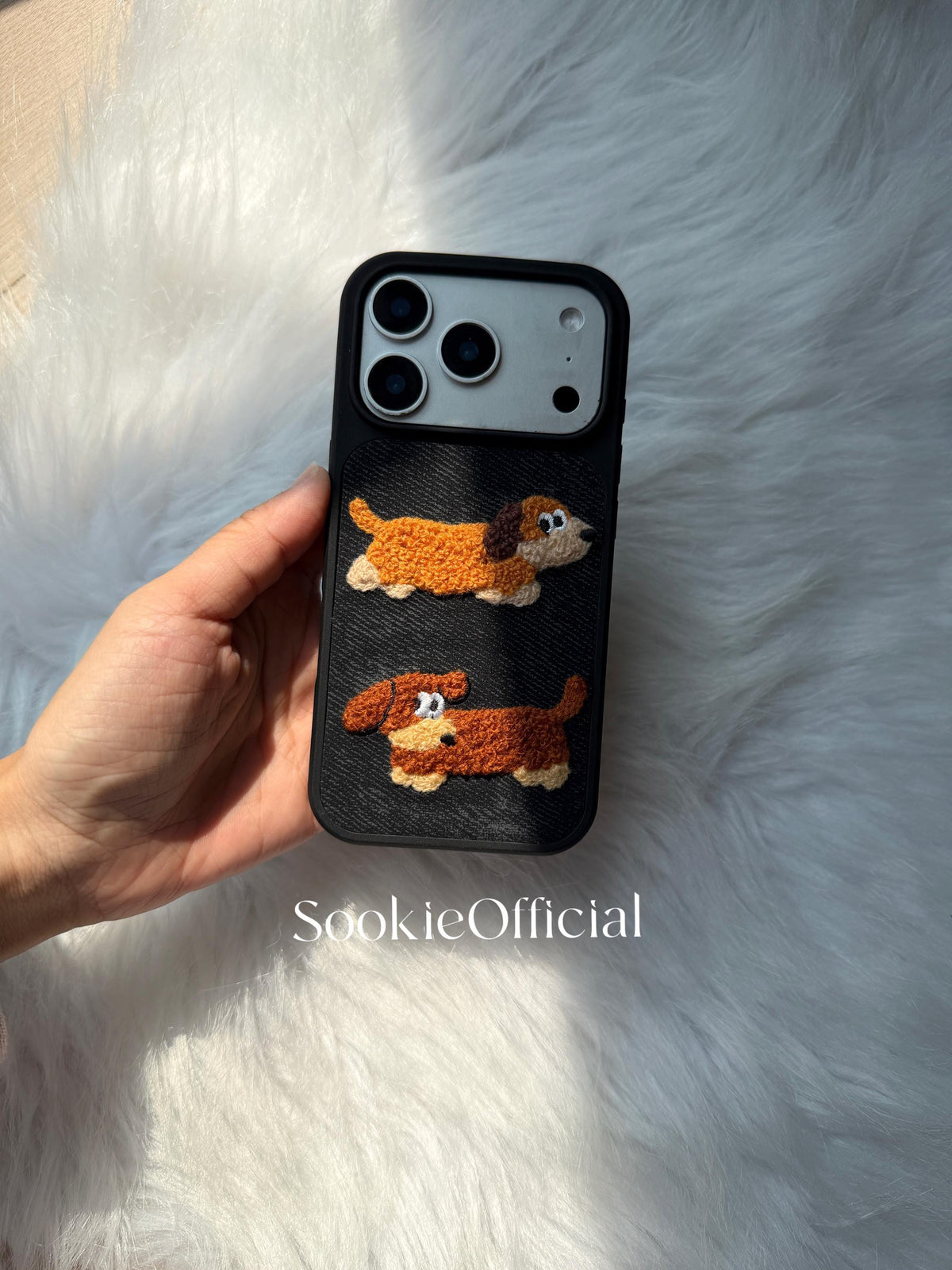Denim Plush Cat Dog Couple iPhone Case Embroidered Animal Cover Cozy Textured Accessory