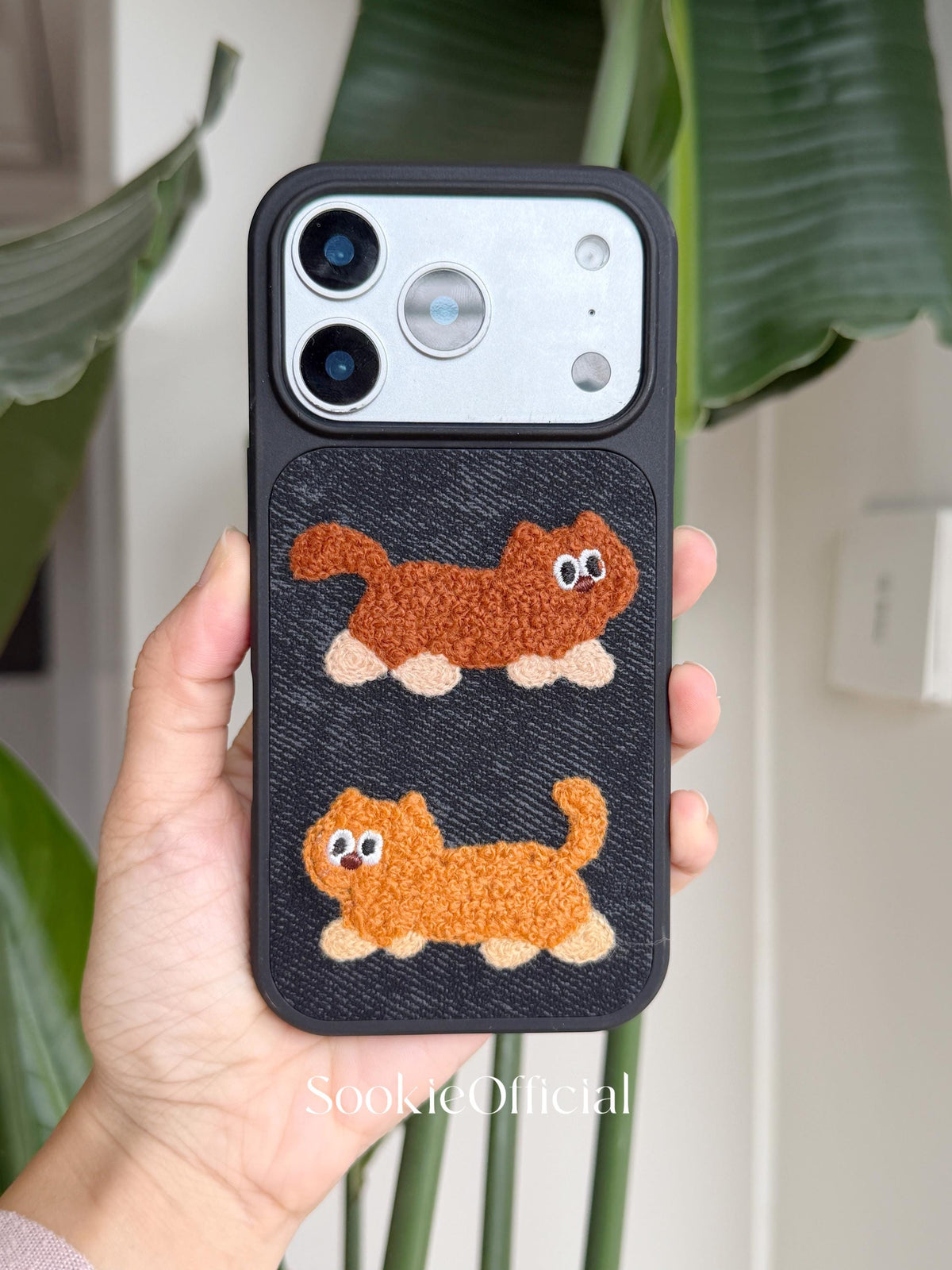 Denim Plush Cat Dog Couple iPhone Case Embroidered Animal Cover Cozy Textured Accessory