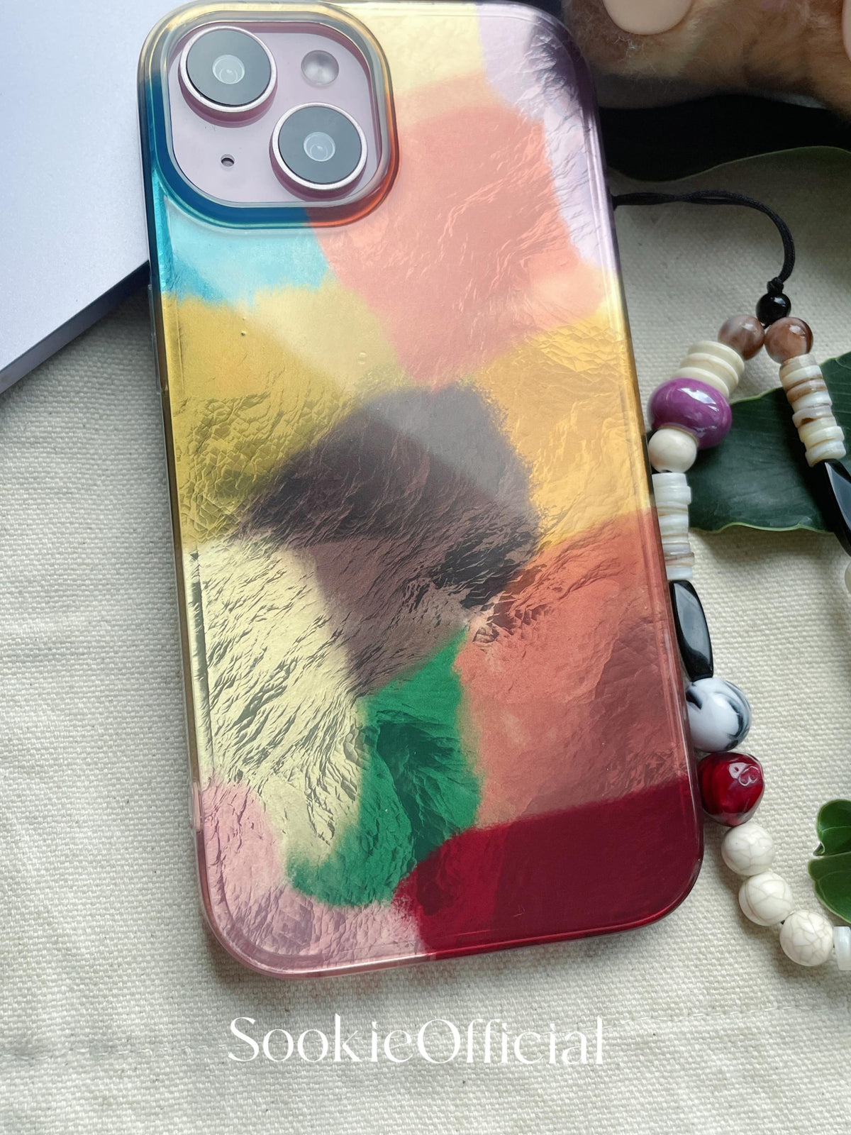 Glossy Iridescent Pearl iPhone Case with Beaded Chain, MagSafe & Standard Options