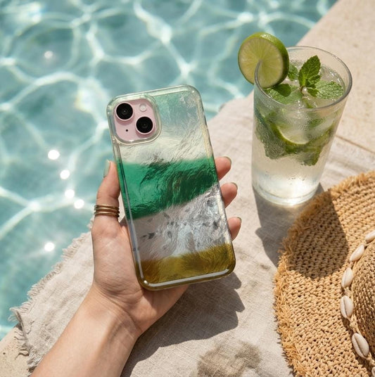 Forest Green Pearlescent Color Block iPhone Case with Chain, Glossy Meadow-Inspired MagSafe Case