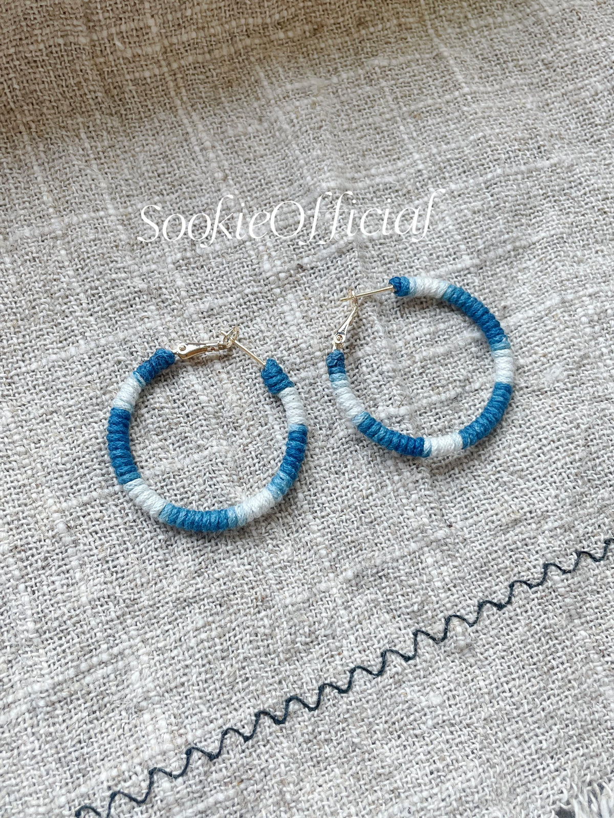 Indigo Dyed Cotton Hoop Earrings: 14K Gold Bohemian Jewelry