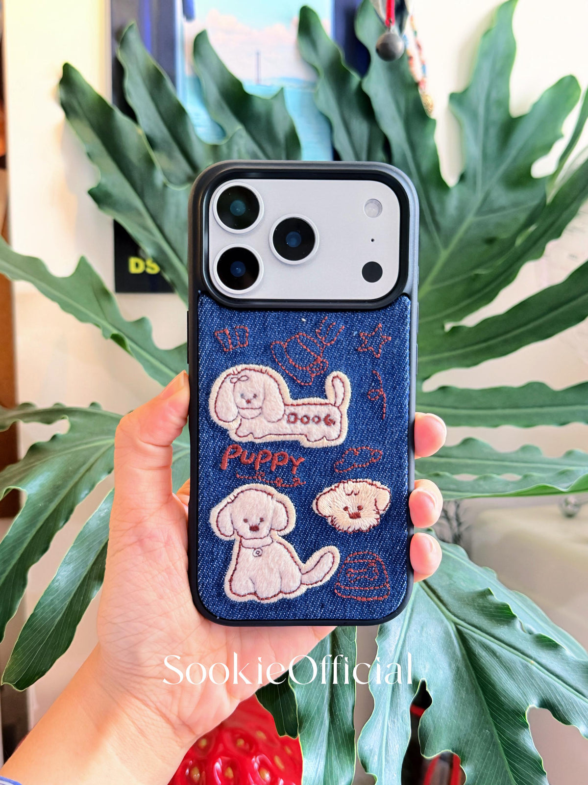 Embroidered Denim Puppy iPhone Case: Kawaii Dog Collage