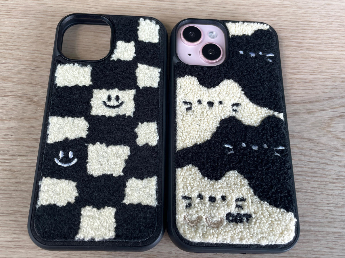 Embroidered Black and white Cat iPhone Case Fuzzy Tufted Phone Cover