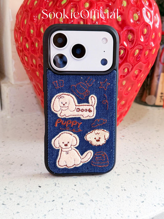 Embroidered Denim Puppy iPhone Case: Kawaii Dog Collage