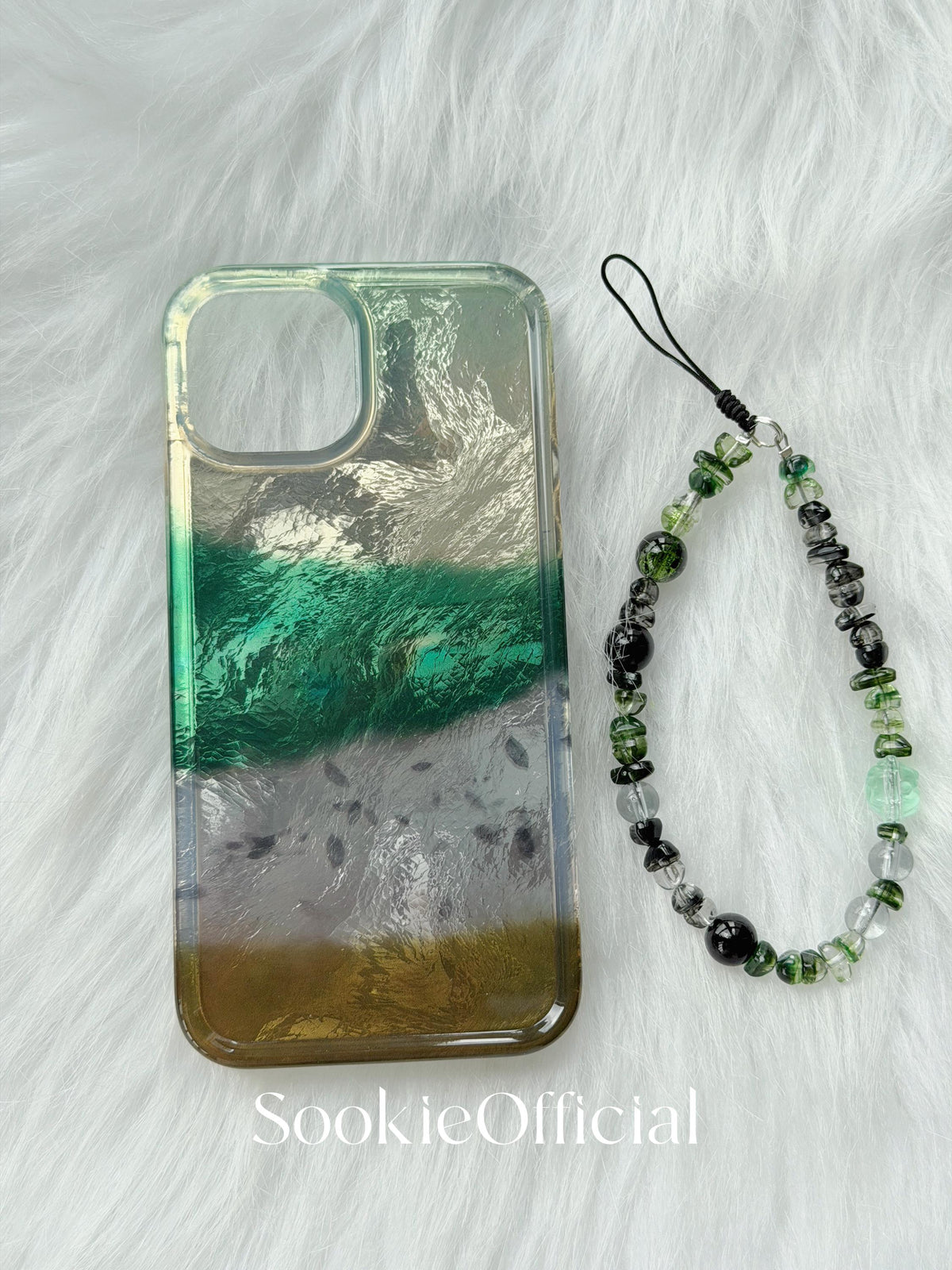 Forest Green Pearlescent Color Block iPhone Case with Chain, Glossy Meadow-Inspired MagSafe Case
