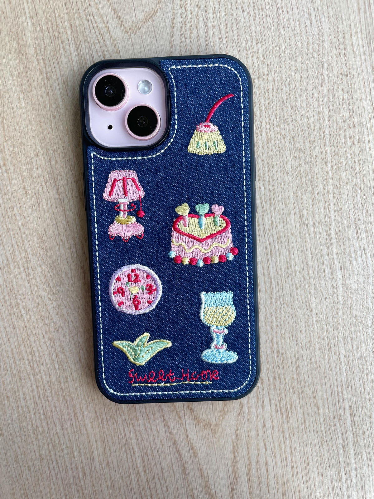 Kawaii Embroidered Denim iPhone Case: Y2K Dessert Design