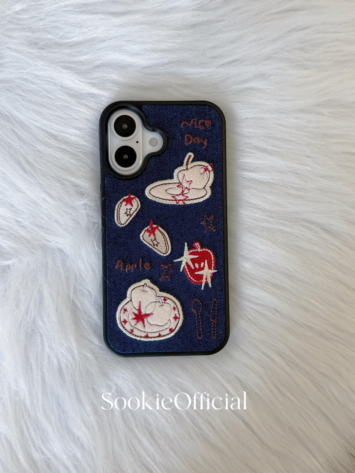Embroidered Apple Cartoon iPhone Case for 13-17, Girly Denim Phone Cover