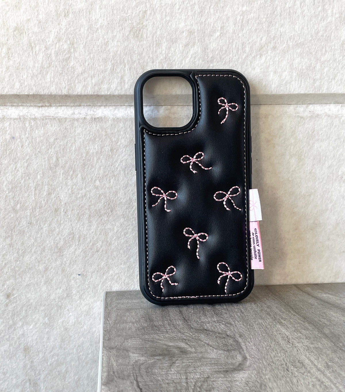 Pink Bow Embroidered Leather iPhone Case, Coquette Girly Phone Cover