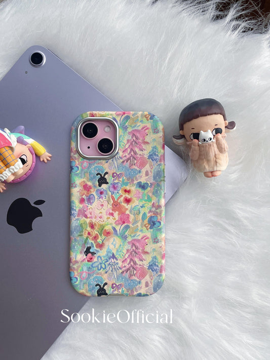 Watercolor Bunny iPhone Case for 13-17, Pink Leather-Feel Full Protection cover