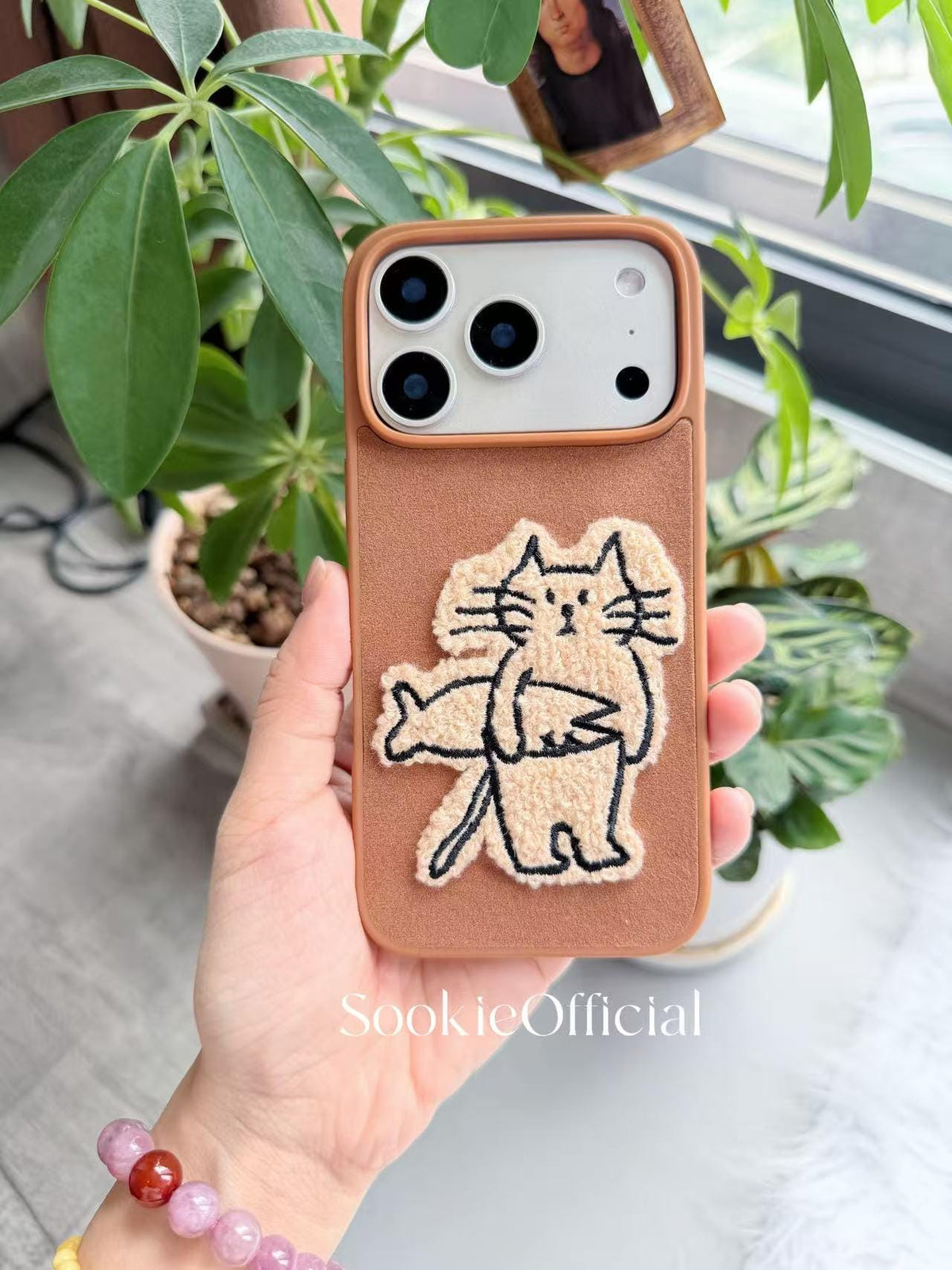Brown Suede Plush Cat & Dog Phone Case for iPhone 17 16 15 14 13 pro max, Couple Fluffy Animal Cover
