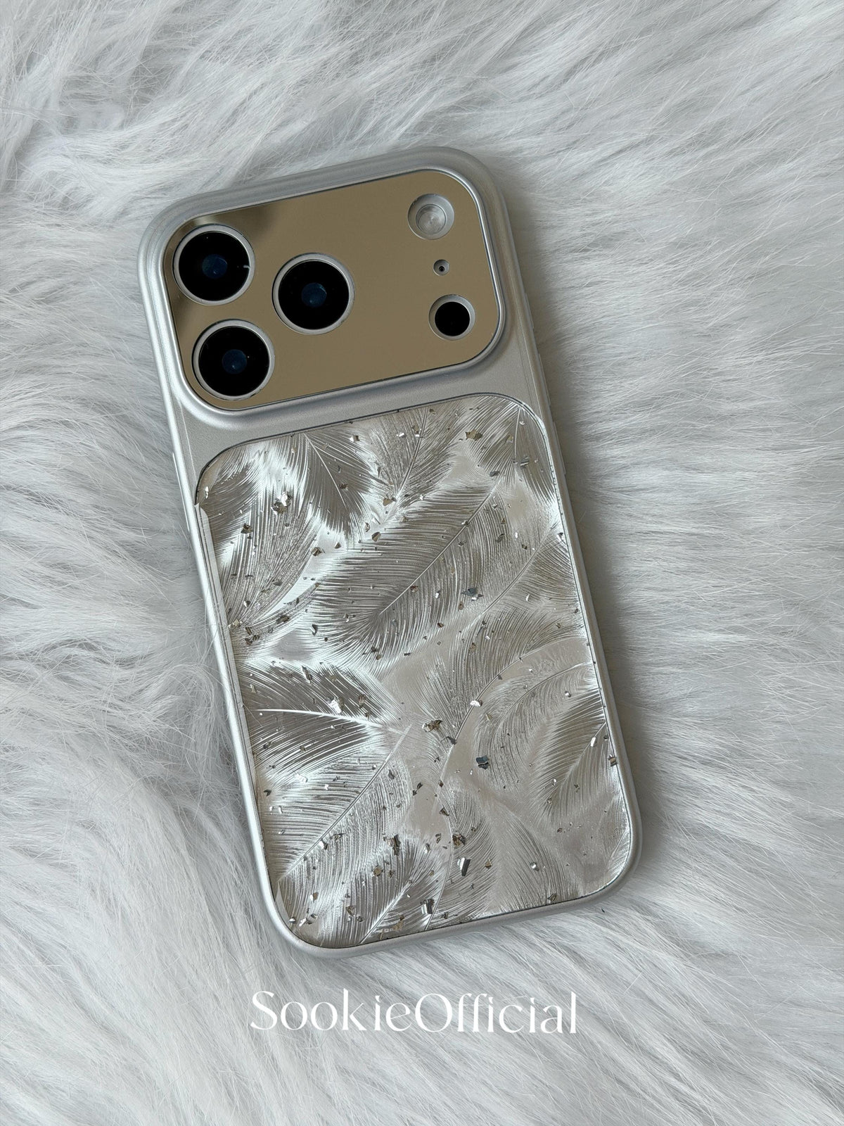 Ultra Sparkly Silver Glitter Feather iPhone Case  Shiny Protective Cover with Mirror Lens