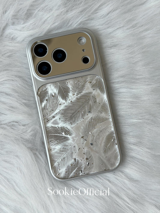 Ultra Sparkly Silver Glitter Feather iPhone Case  Shiny Protective Cover with Mirror Lens