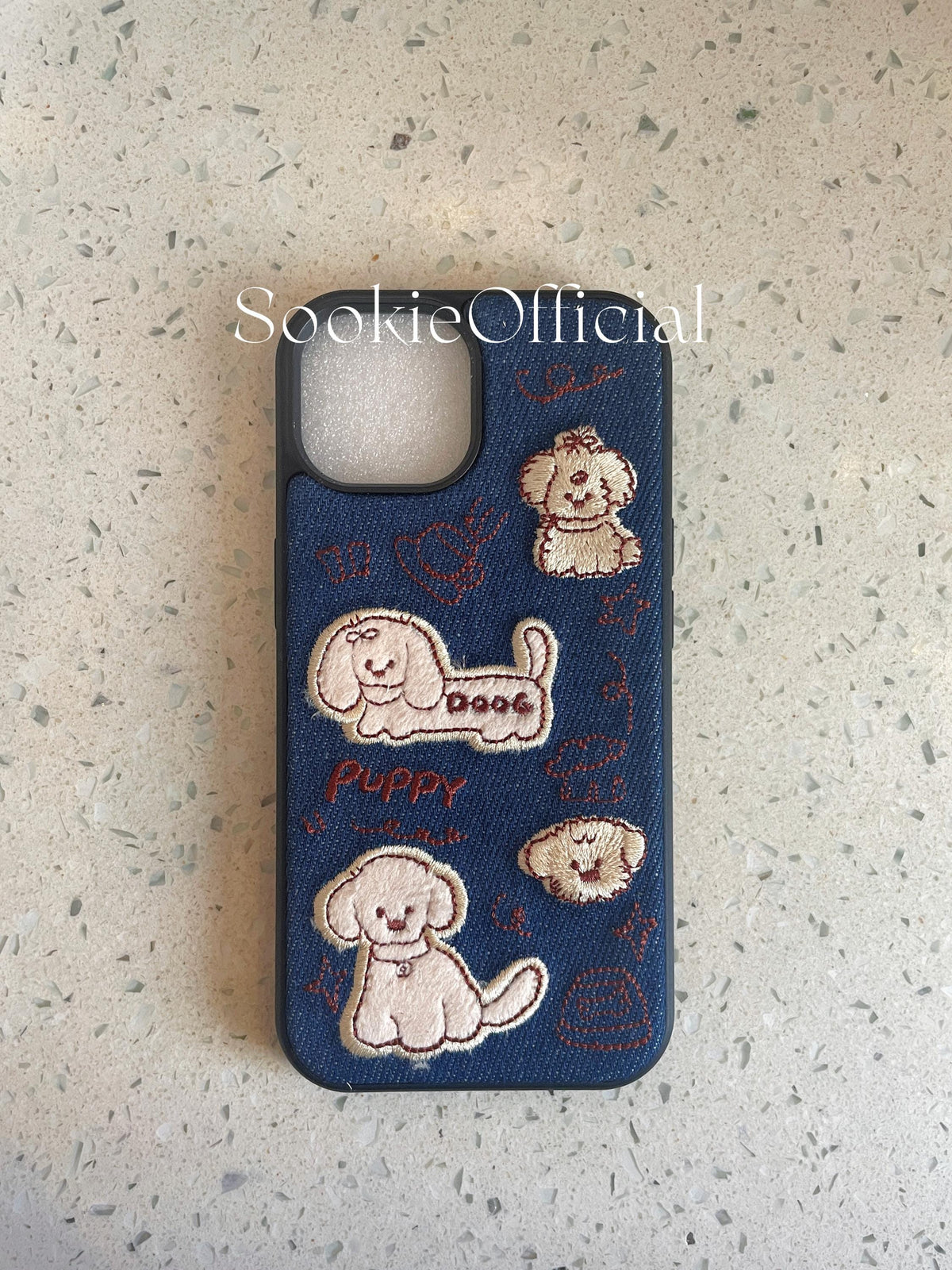 Embroidered Denim Puppy iPhone Case: Kawaii Dog Collage