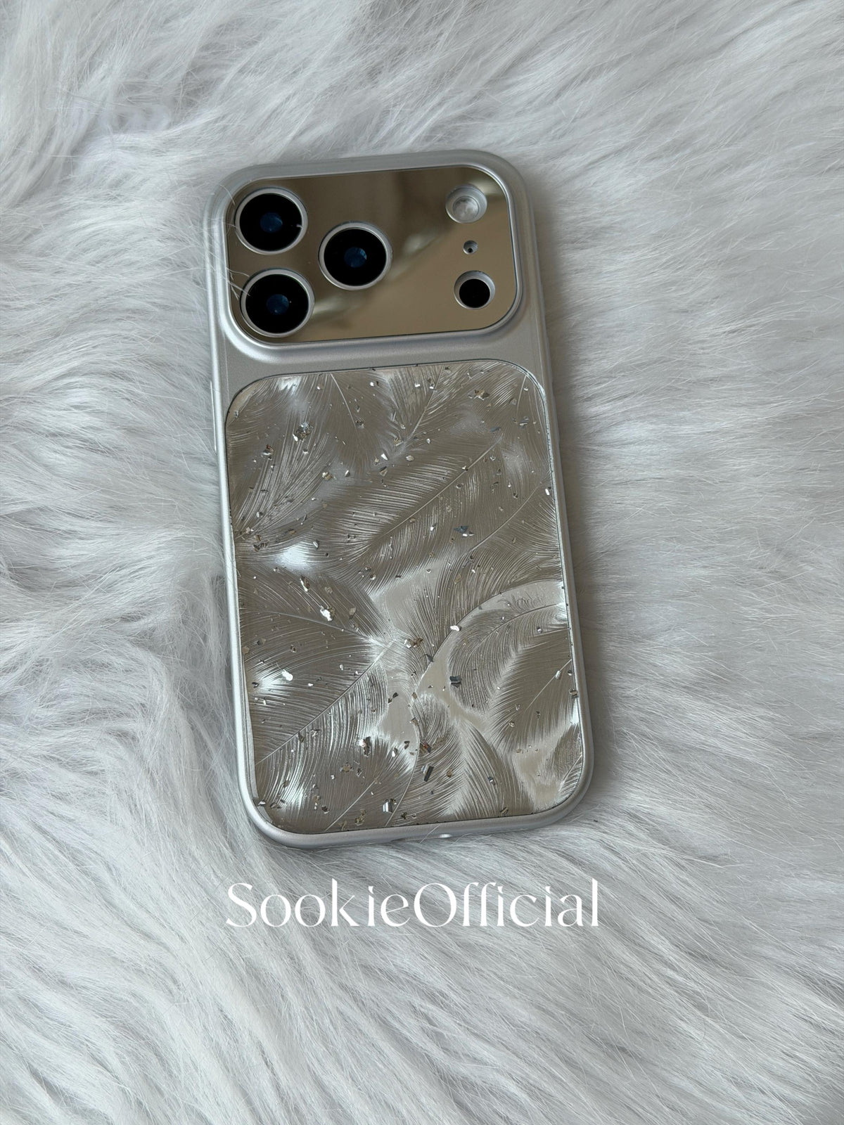 Ultra Sparkly Silver Glitter Feather iPhone Case  Shiny Protective Cover with Mirror Lens